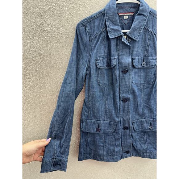 Tommy Hilfiger Womens Jacket Size Medium Blue Chambray Double Closure Lightweigh - Picture 2 of 11